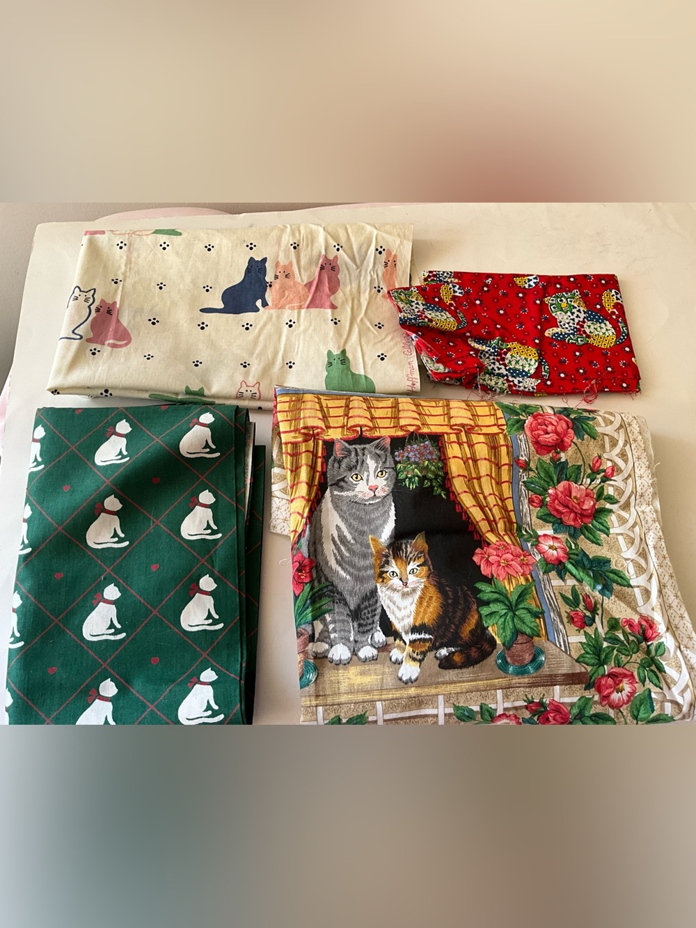 Quilting Sewing Crafts Fabric Lot Cats Green Red Blue White Cotton